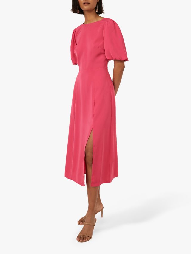 Warehouse Puff Sleeve Midi Dress, Bright Pink, 6