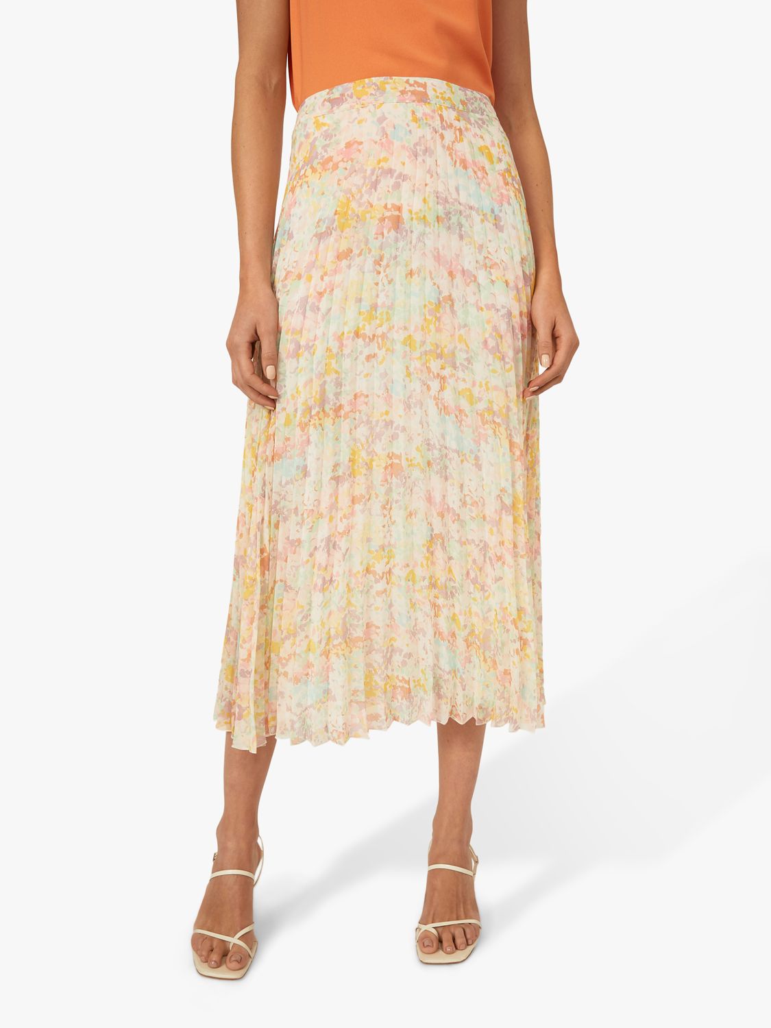 Warehouse Pleated Floral Midi Skirt, Multi at John Lewis & Partners