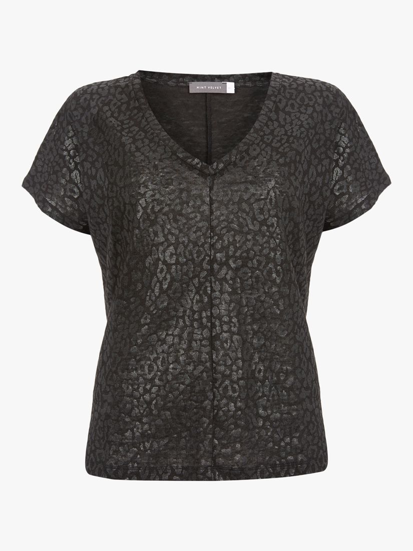 Mint Velvet Leopard Print Linen T-Shirt, Black at John Lewis & Partners