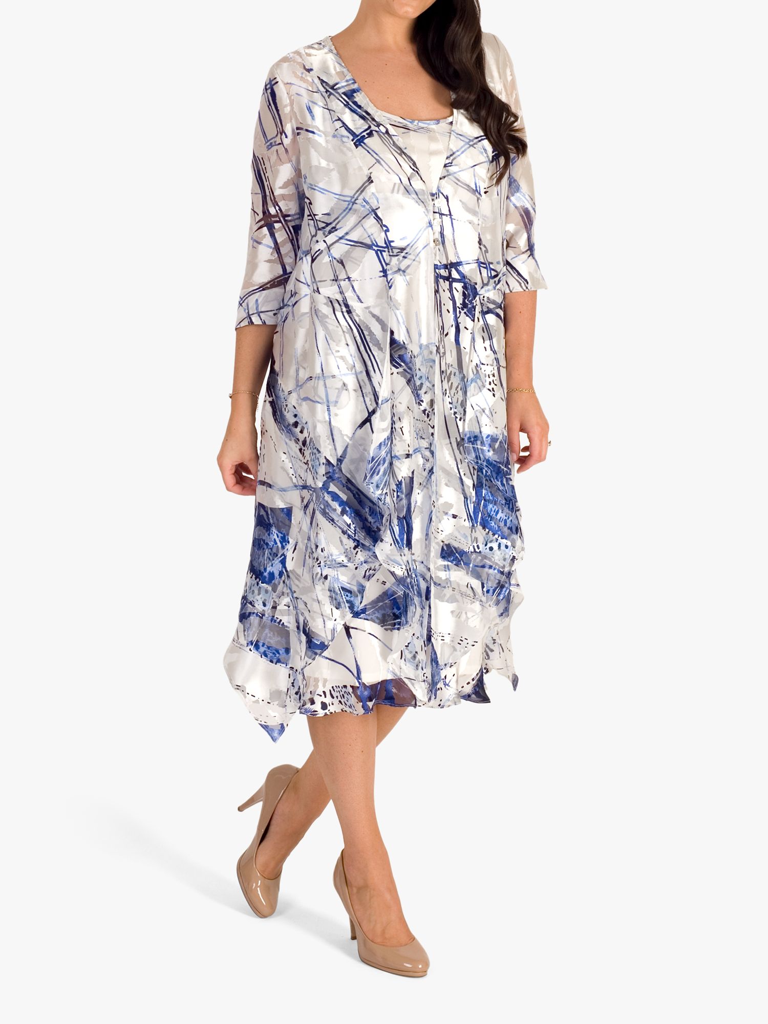 chesca Satin Devoree Abstract Stripe Sleeveless Dress, Ivory/Cobalt, 14