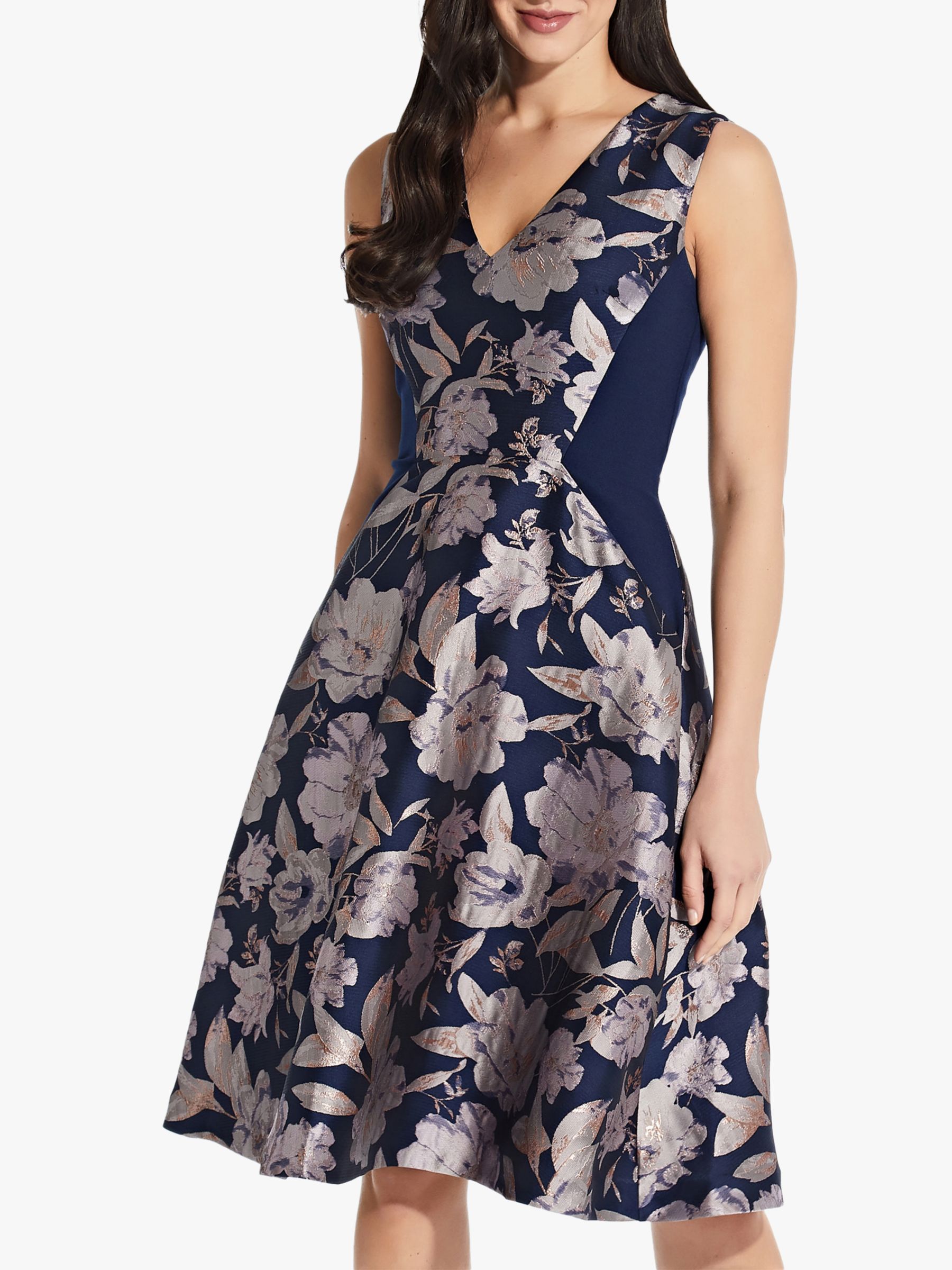 Adrianna Papell Jacquard Floral Print Knee Length Dress, Navy/Blush at ...