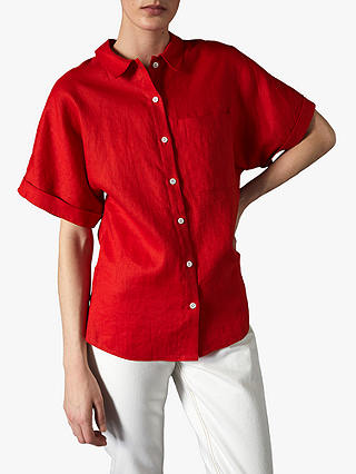 Jigsaw Short Sleeve Linen Shirt, Flame Red