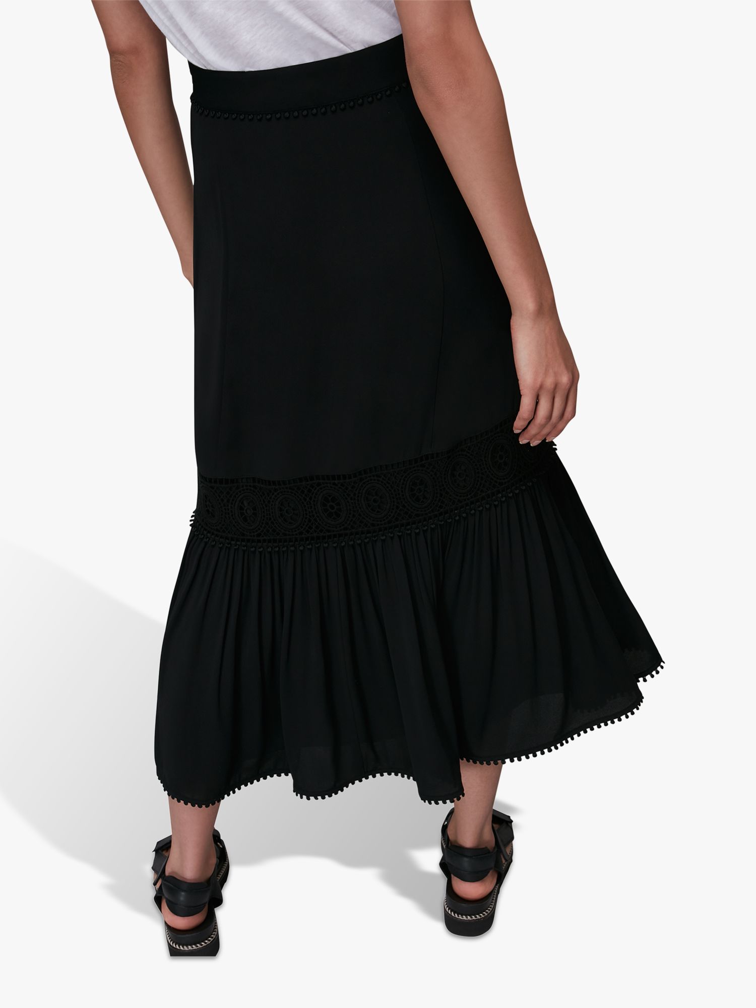 Whistles Ada Crochet Detail Midi Skirt, Black at John Lewis & Partners