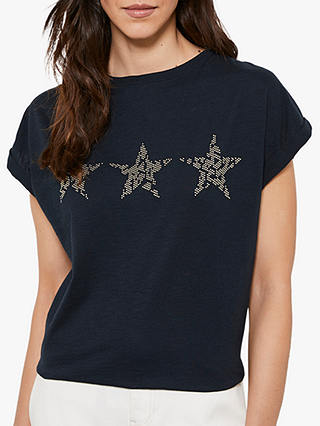 Mint Velvet Studded Star T-Shirt, Dark Blue