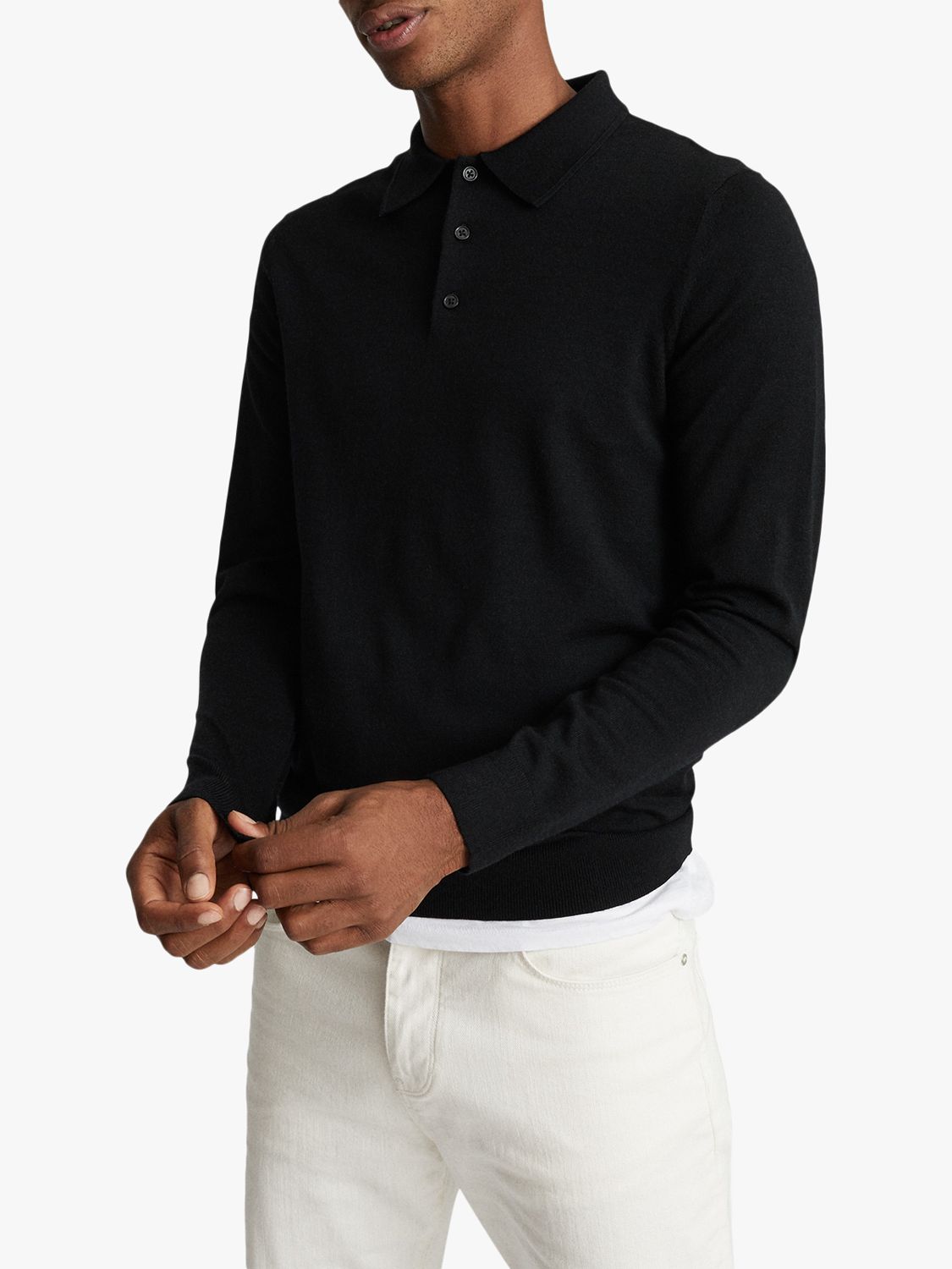 Reiss Trafford Long Sleeve Merino Wool Polo Shirt, Black at John Lewis ...