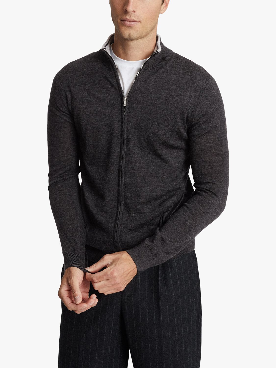 Reiss Merchant Wool Zip Jumper, Charcoal Melang