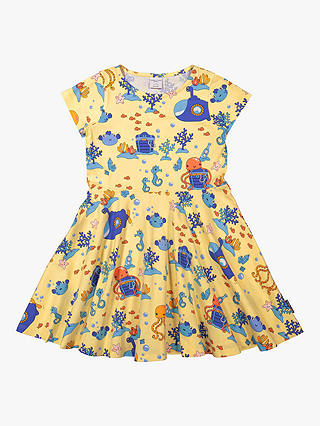 Polarn O. Pyret Children's GOTS Organic Cotton Sealife Print Flared Dress, Yellow