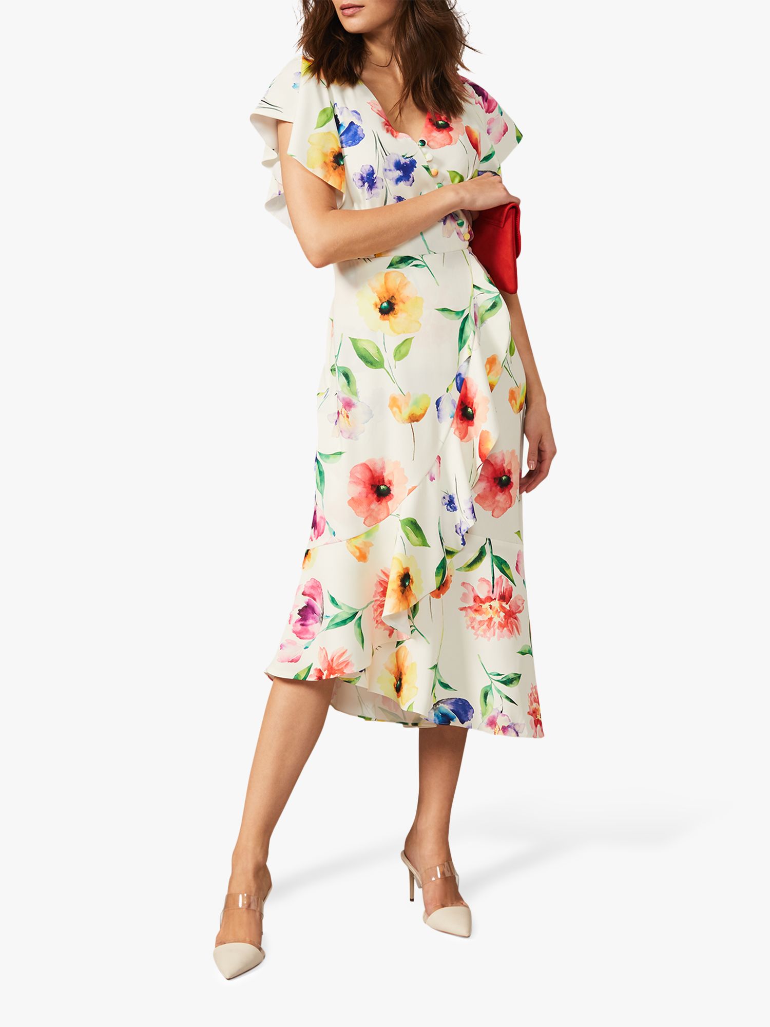 Phase Eight Anthea Floral Print Frill Dress, Almond/Multi at John Lewis ...