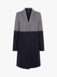 French Connection Erita Colour Block Longline Wool and Cashmere Blend Coat, Grey Melange/Dark Utility Blue