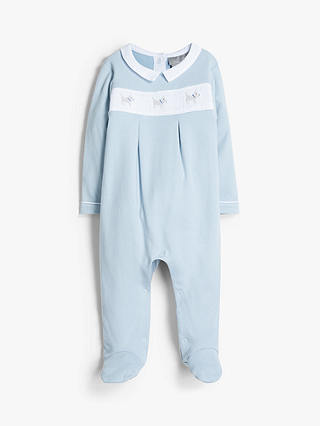 John Lewis & Partners Heirloom Collection Baby Smock Dog Jersey Sleepsuit, Blue