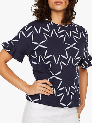 White Stuff Scented Leaf Frill Sleeve Top, Navy Print