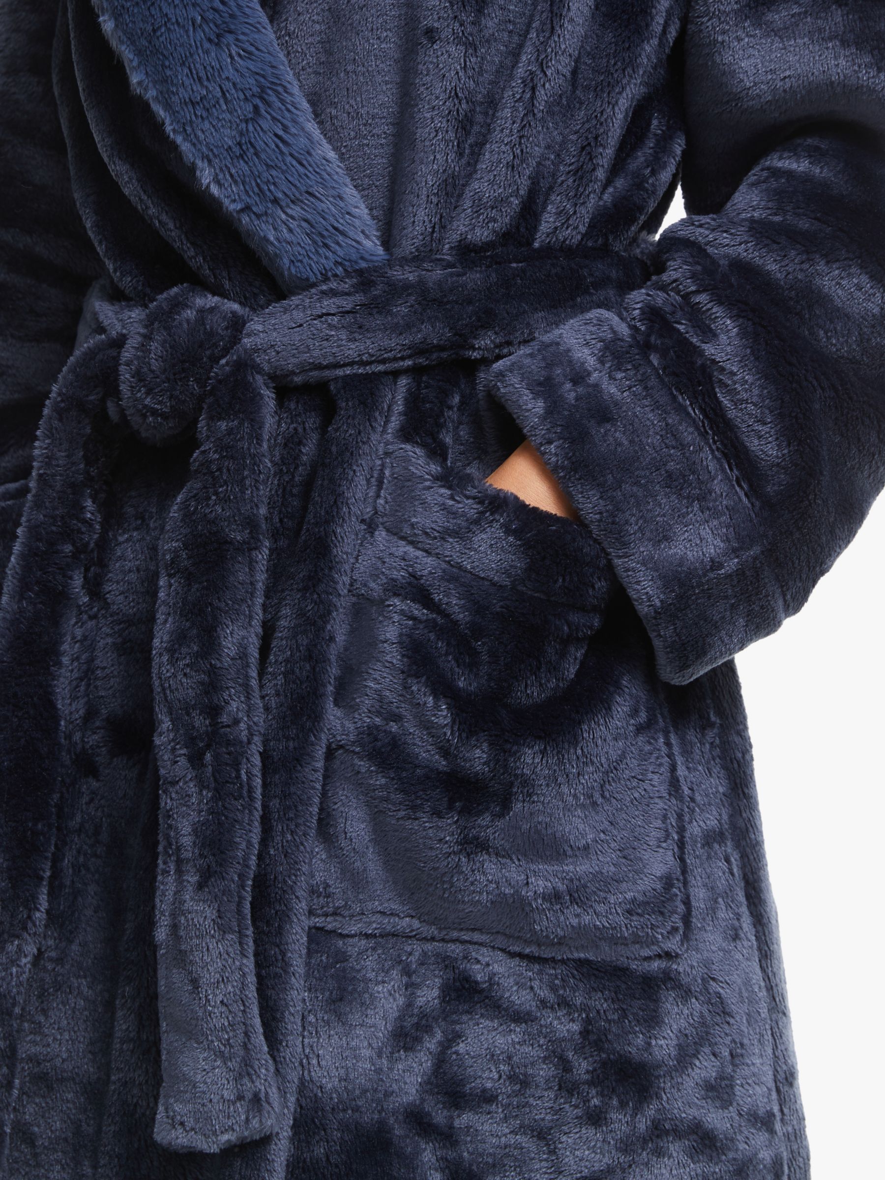 John Lewis & Partners Faux Fur Trim Shawl Collar Robe, Navy