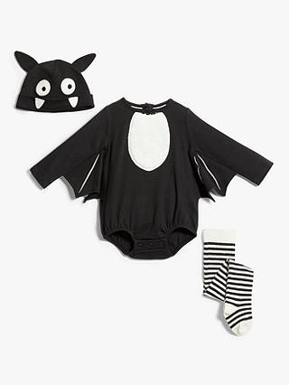 John Lewis Baby Organic Cotton Bat Bodysuit, Tights and Hat, Black
