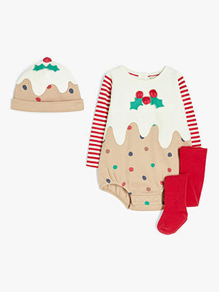 John Lewis Baby Organic Cotton Christmas Pudding Bodysuit, Tights and Hat, Multi