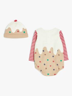 John Lewis Baby Organic Cotton Christmas Pudding Bodysuit, Tights and Hat, Multi, Newborn