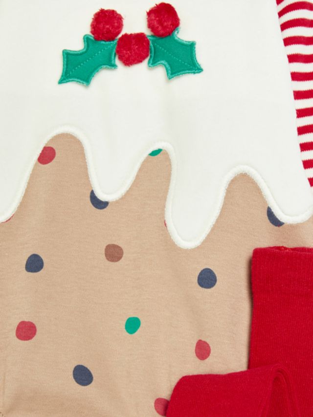 John Lewis Baby Organic Cotton Christmas Pudding Bodysuit, Tights and Hat, Multi, Newborn