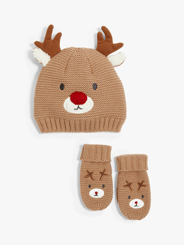 John Lewis Baby Reindeer Hat and Mitt Set Brown 6-12 Mths Brand New With Tags