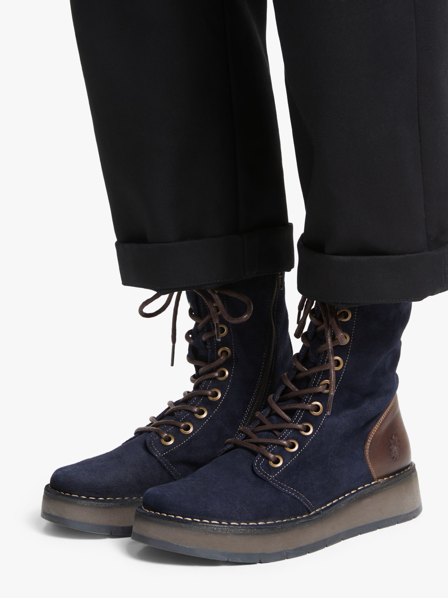 Fly London Rami Leather Ankle Boots, Navy/Dark Brown at John Lewis ...