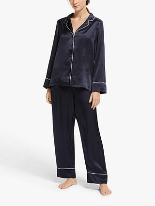 John Lewis & Partners Alyssa Piped Silk Pyjama Set, Navy