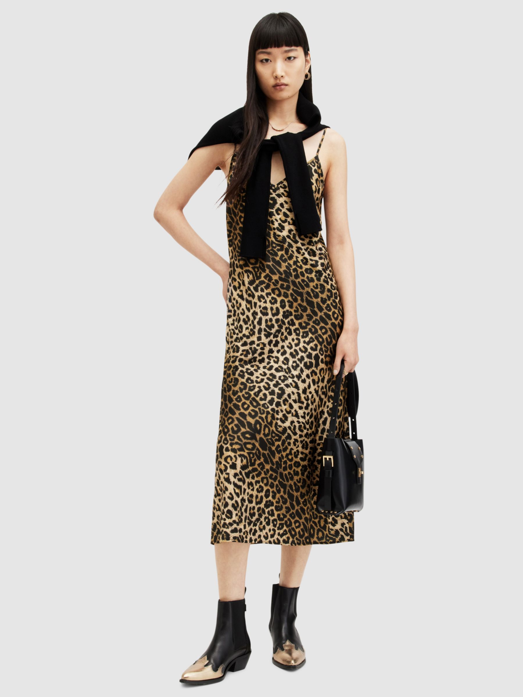 AllSaints Leppo Leopard Print Maxi Dress, Black at John Lewis & Partners