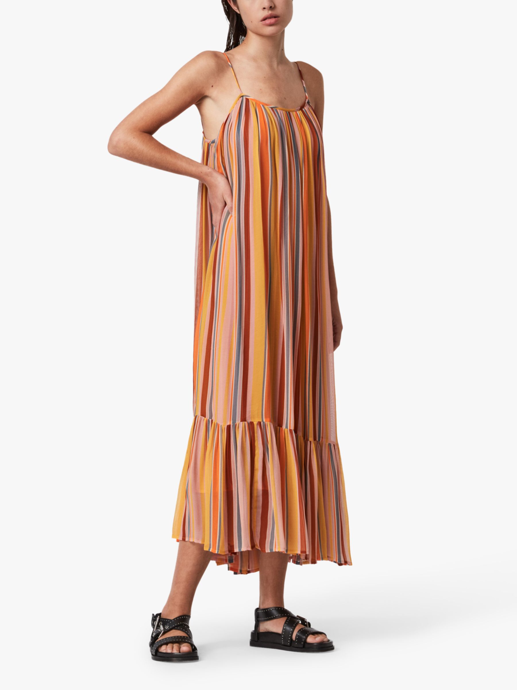 AllSaints Paola Stripe Midi Dress, Orange