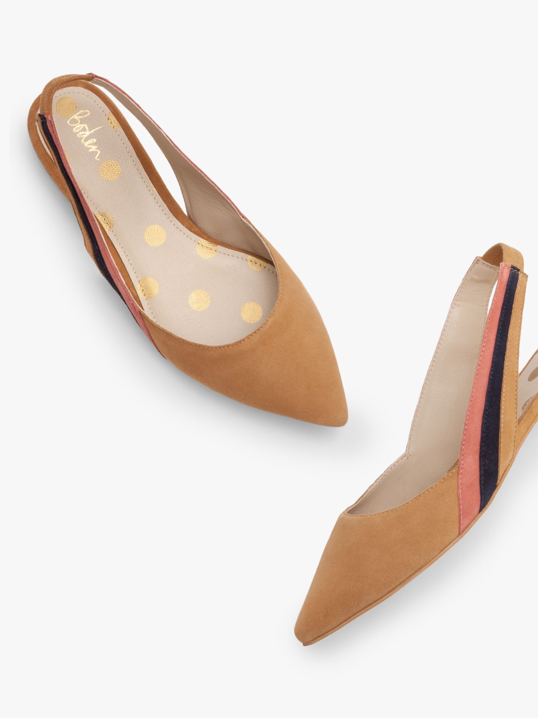 Boden Louisa Suede Slingback Flat Court Shoes, Camel/Multi at John ...