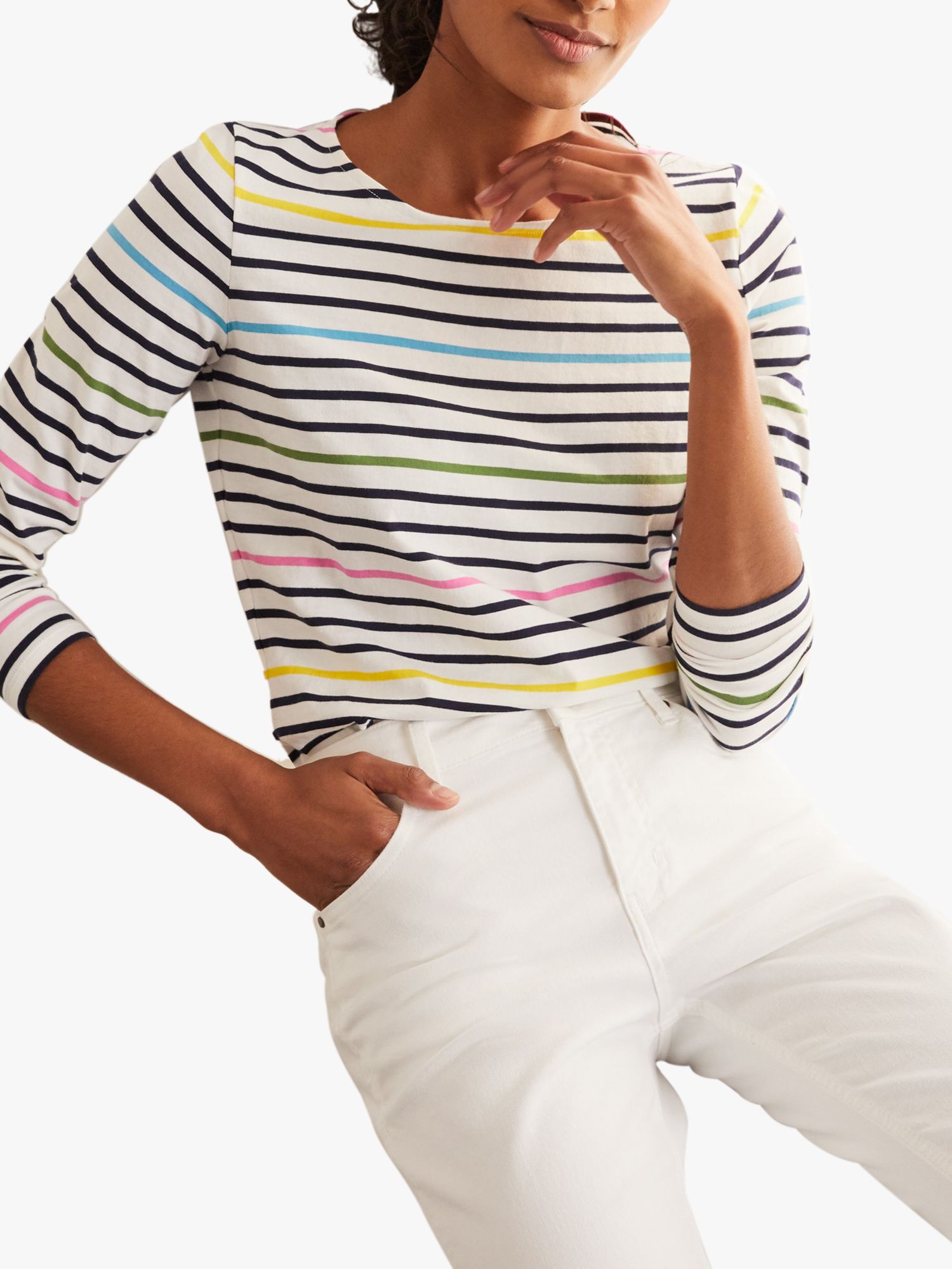 Boden Breton Multi Stripe Long Sleeve Top, Plum at John Lewis & Partners