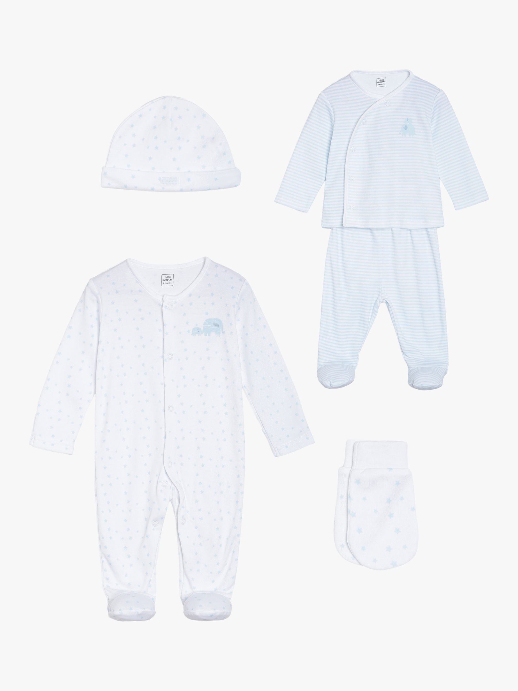 Mini Cuddles Elephant Sleepsuit, Top, Jogger, Hat & Mittens Set, Blue ...