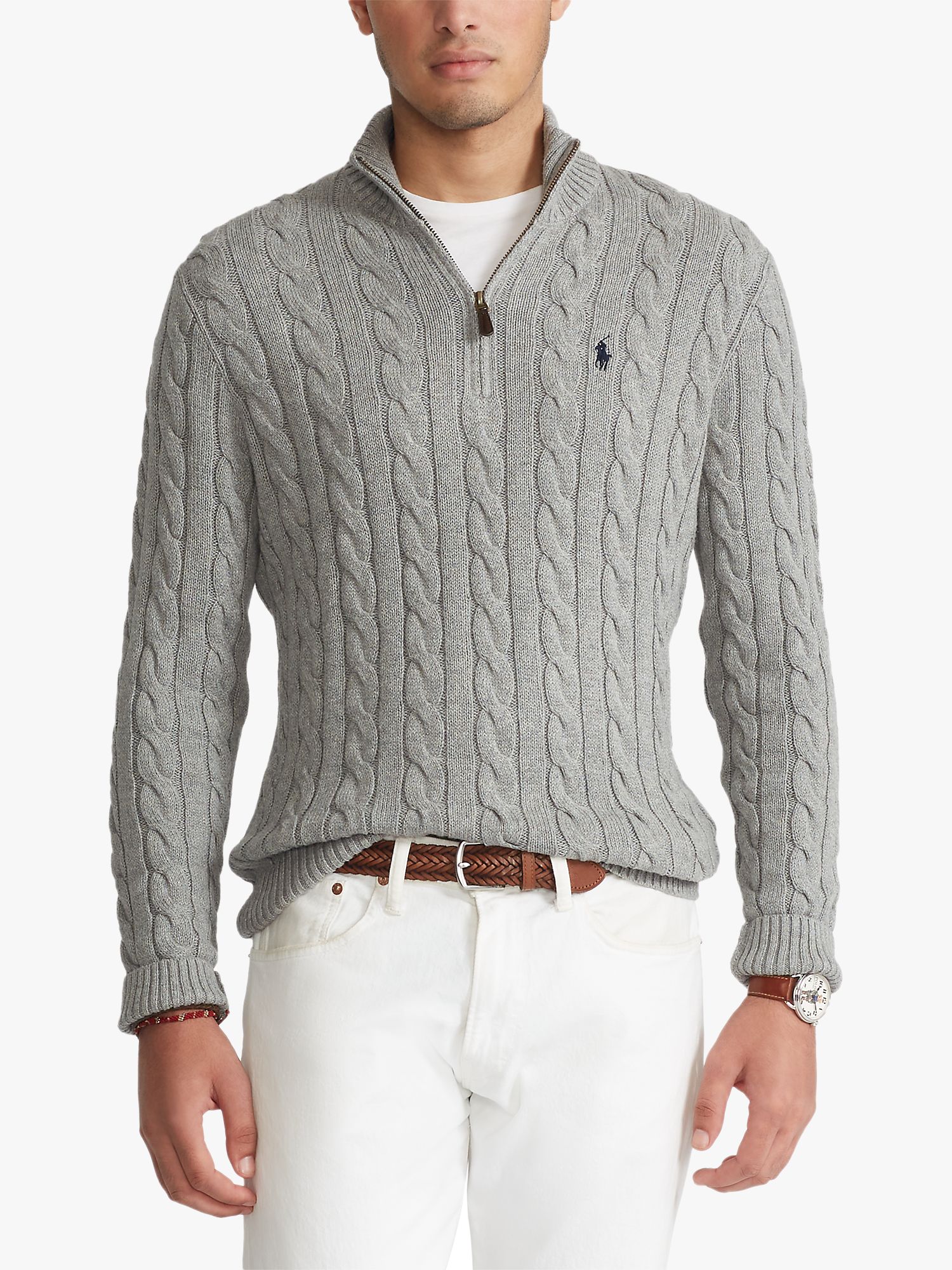 Polo Ralph Lauren Cotton Cable Knit Half Zip Jumper Fawn Grey Heather At John Lewis And Partners