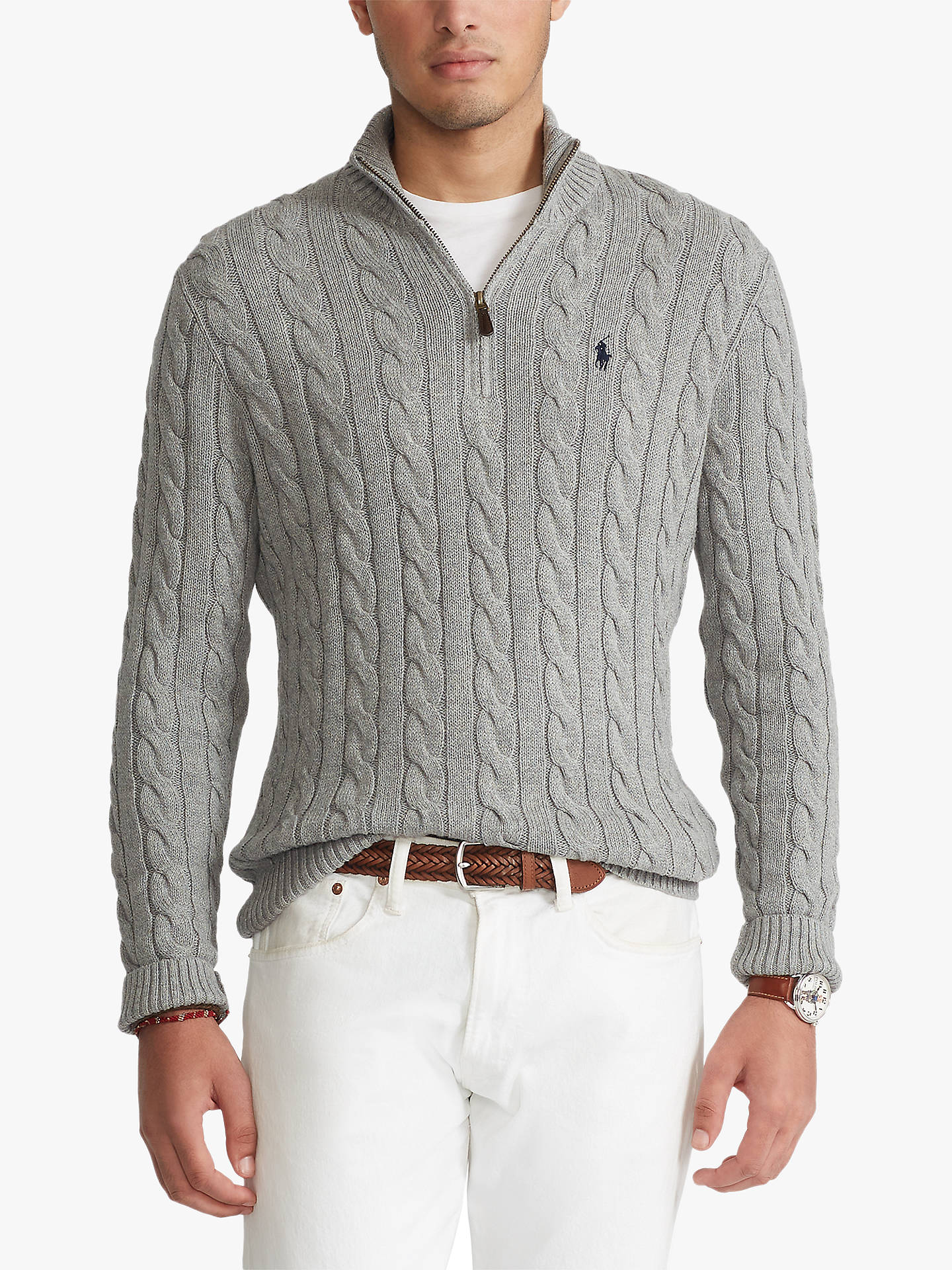 Polo Ralph Lauren Cotton Cable Knit Half Zip Jumper, Fawn Grey Heather