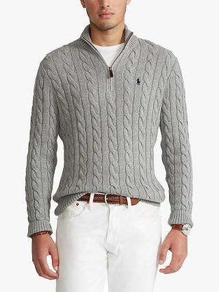 Polo Ralph Lauren Cotton Cable Knit  Half Zip Jumper, Fawn Grey Heather