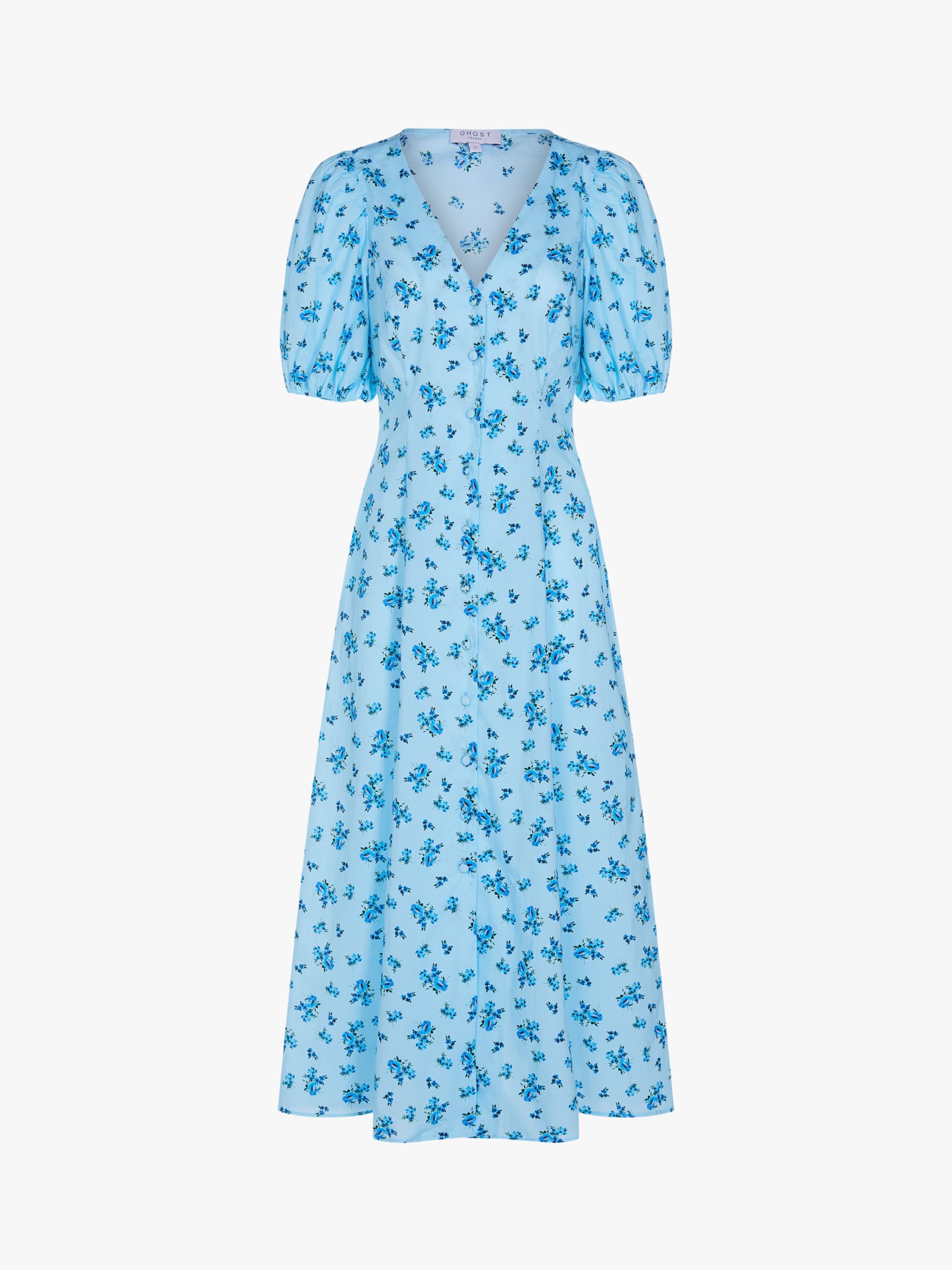 Ghost Ruby Floral Cotton Midi Dress, Watercolour Blue at John Lewis ...