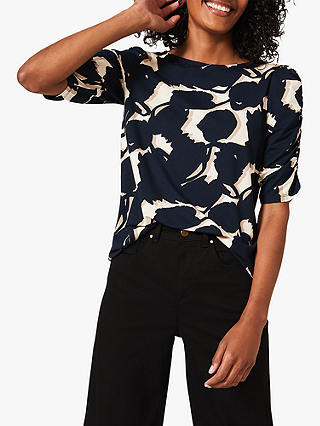 Phase Eight Naava Abstract Print Ruched Sleeve Top, Navy