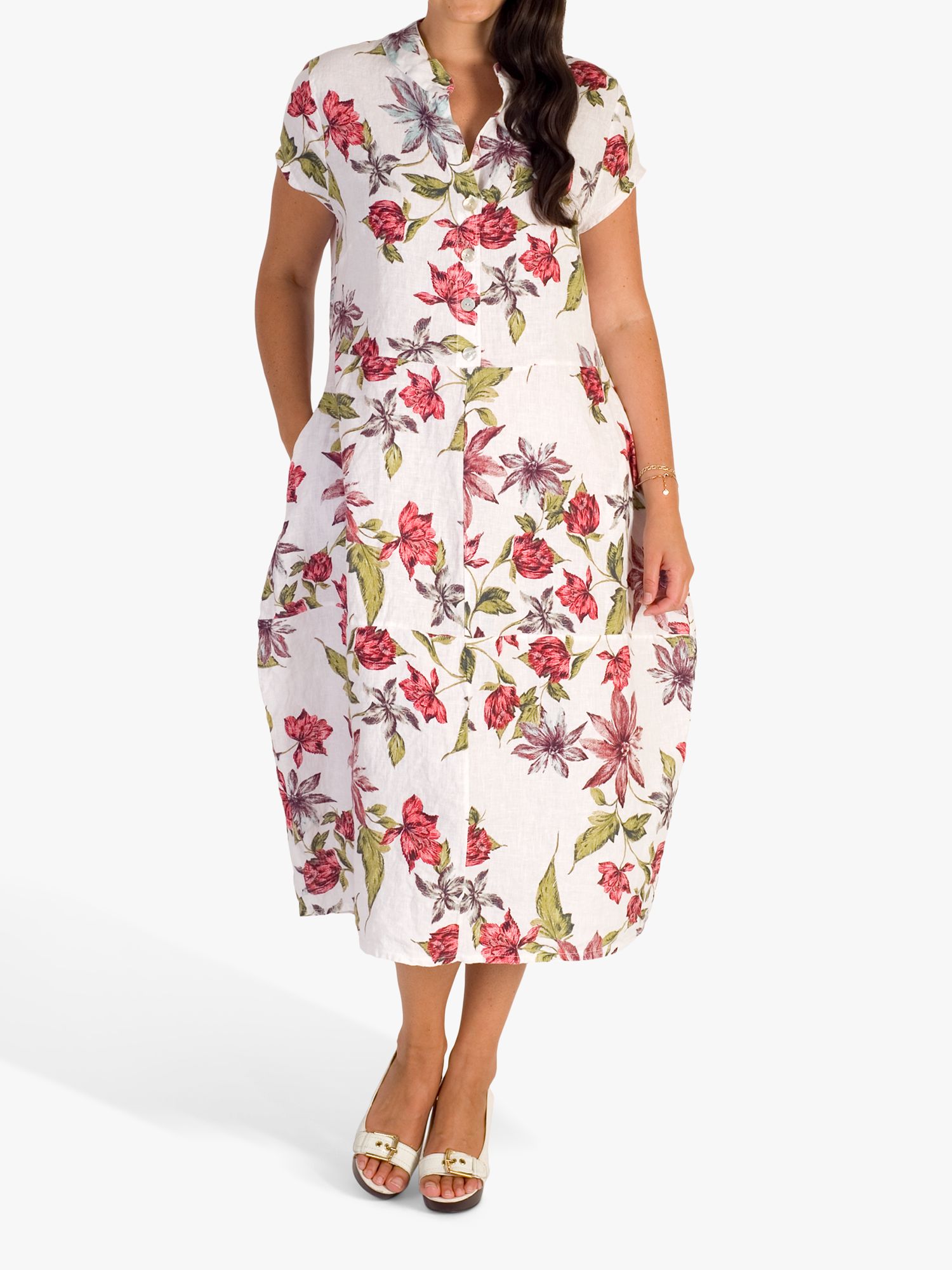 chesca Floral Print Cocoon Linen Dress, White/Red at John Lewis & Partners