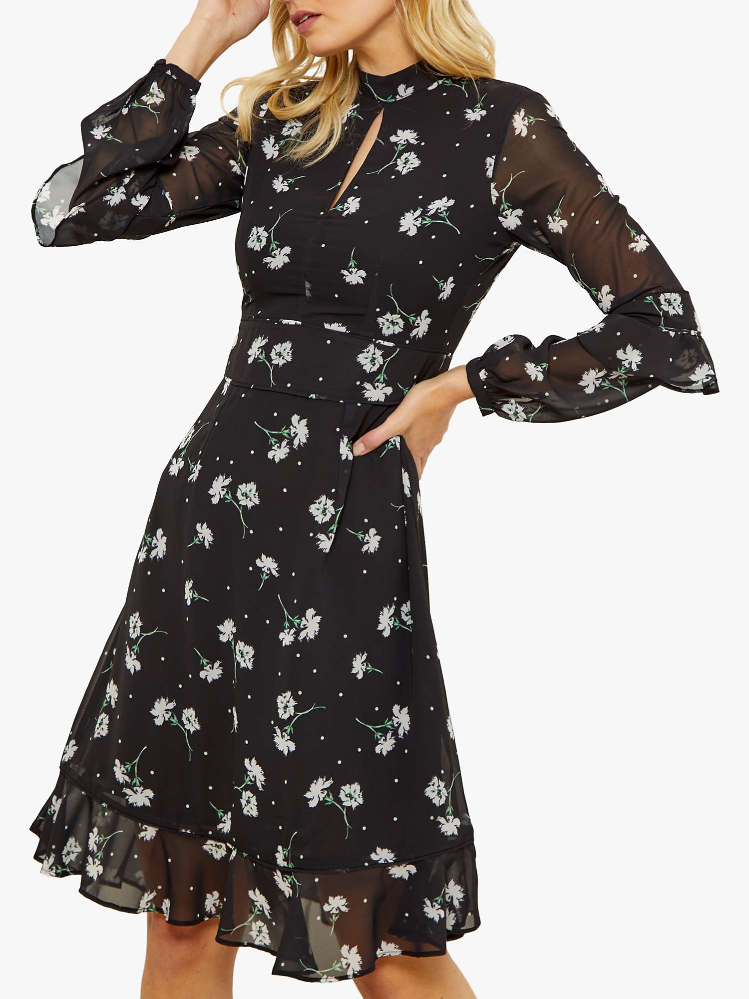 Buy Sosandar Floral Print Fit And Flare Ruffle Dress, Black Online at johnlewis.com