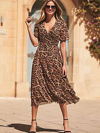 Sosandar Leopard Print Mesh Wrap Dress, Brown