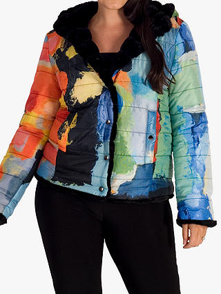 chesca Faux Fur Reversible Hooded Abstract Jacket, Multi/Black