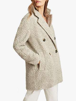 Reiss Sky Textured Wool Blend Teddy Coat, Light Grey