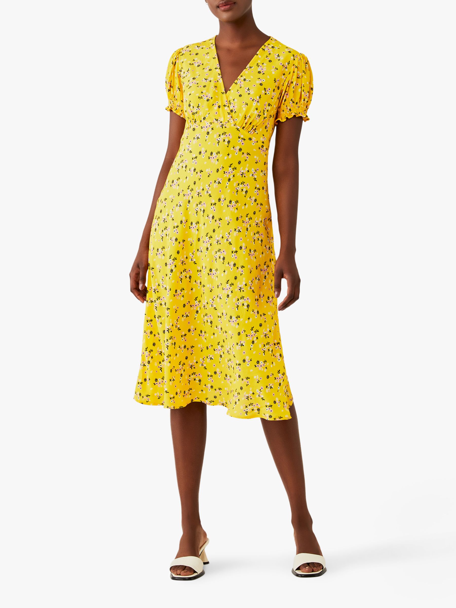 Ghost Jemima Floral Print Knee Length Dress, Yellow at John Lewis ...