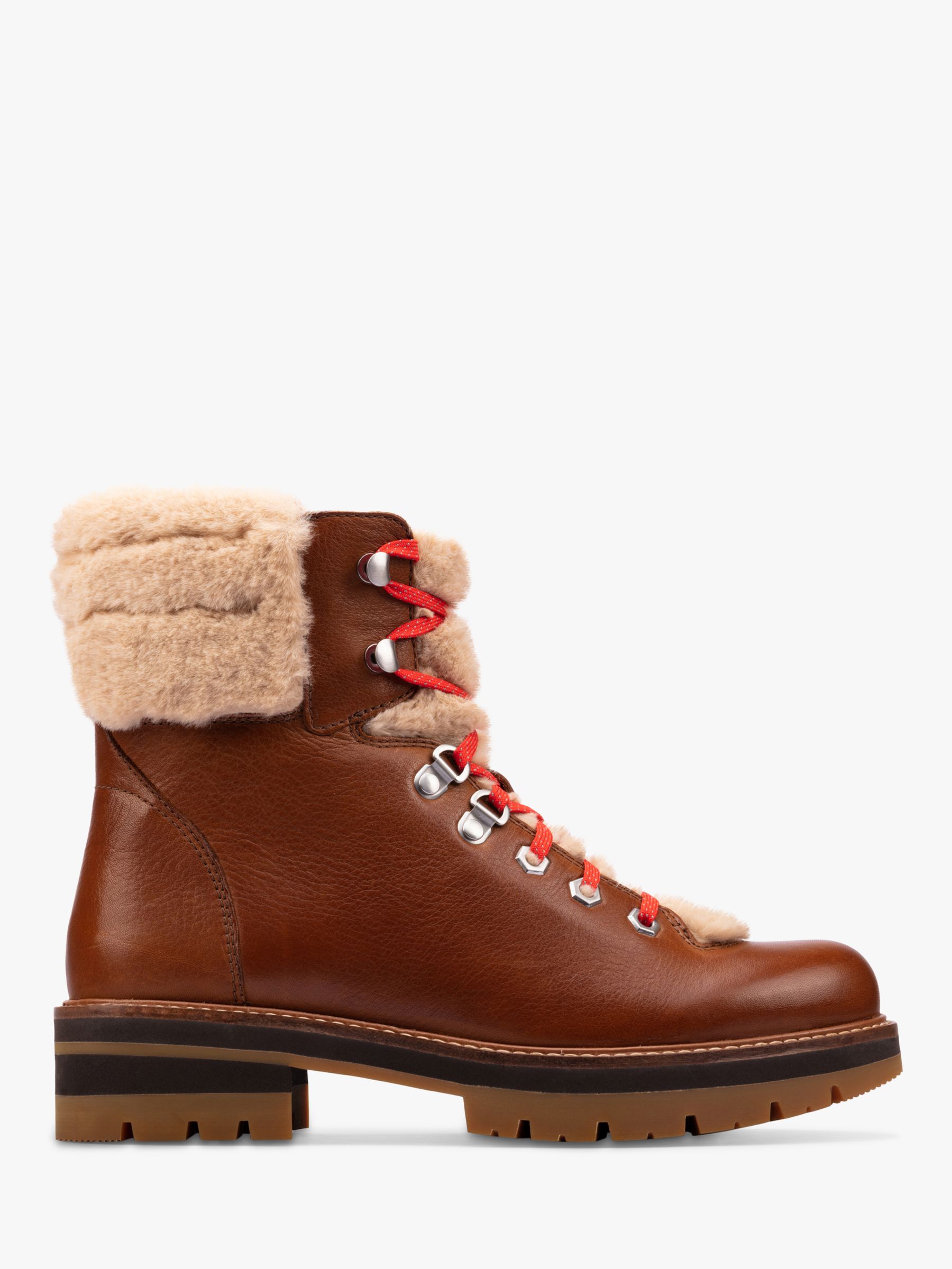 Clarks Orianna Chunky Fur Top Leather Hiker Boots, Dark Tan, 3