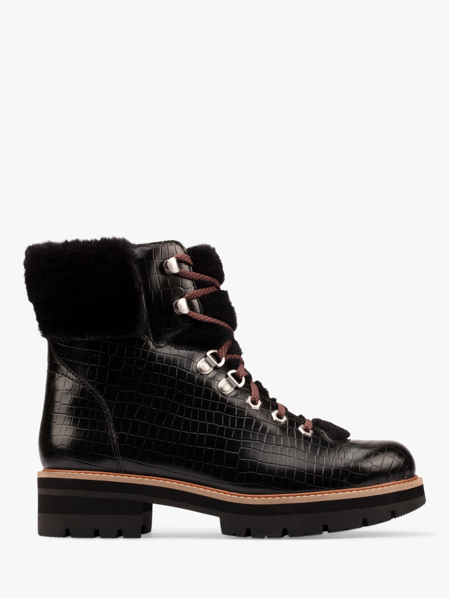 Clarks Orianna Chunky Croc Effect Leather Hiker Boots, Black