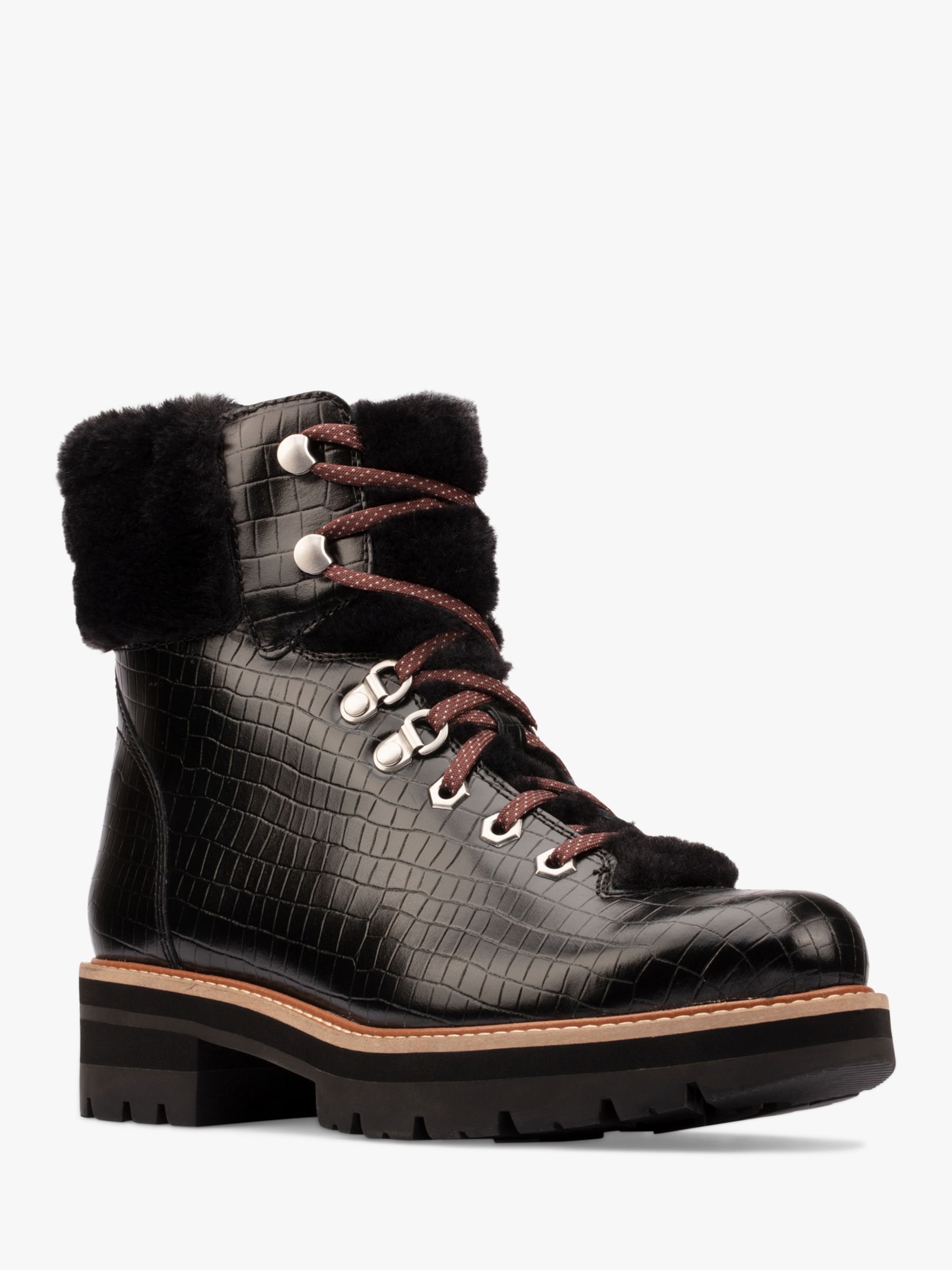 Clarks Orianna Chunky Croc Effect Leather Hiker Boots, Black at John ...