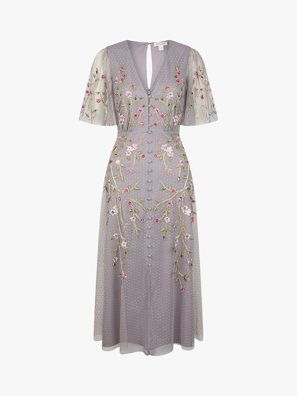 Monsoon Natalia Tea Floral Embroidered Maxi Dress, Light Grey at John ...