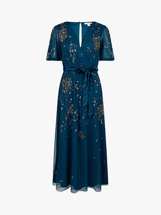 Monsoon Roza Sequin Embellished Midi Dress, Teal