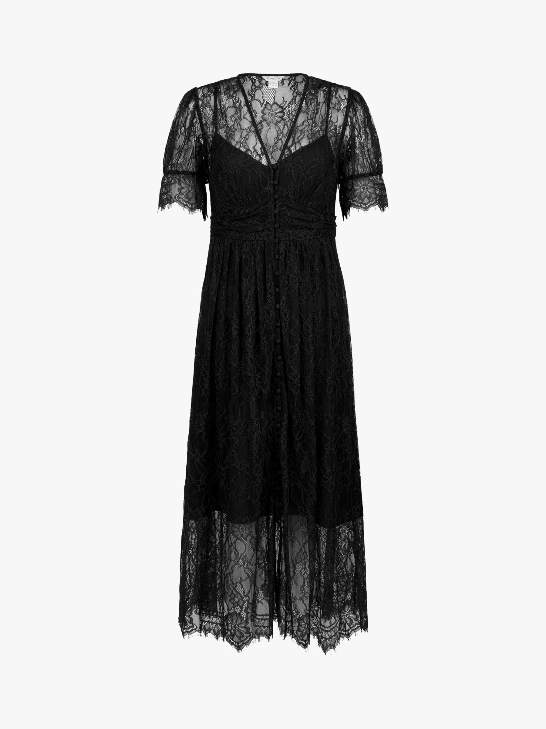 Monsoon Miranda Midi Lace Dress, Black at John Lewis & Partners