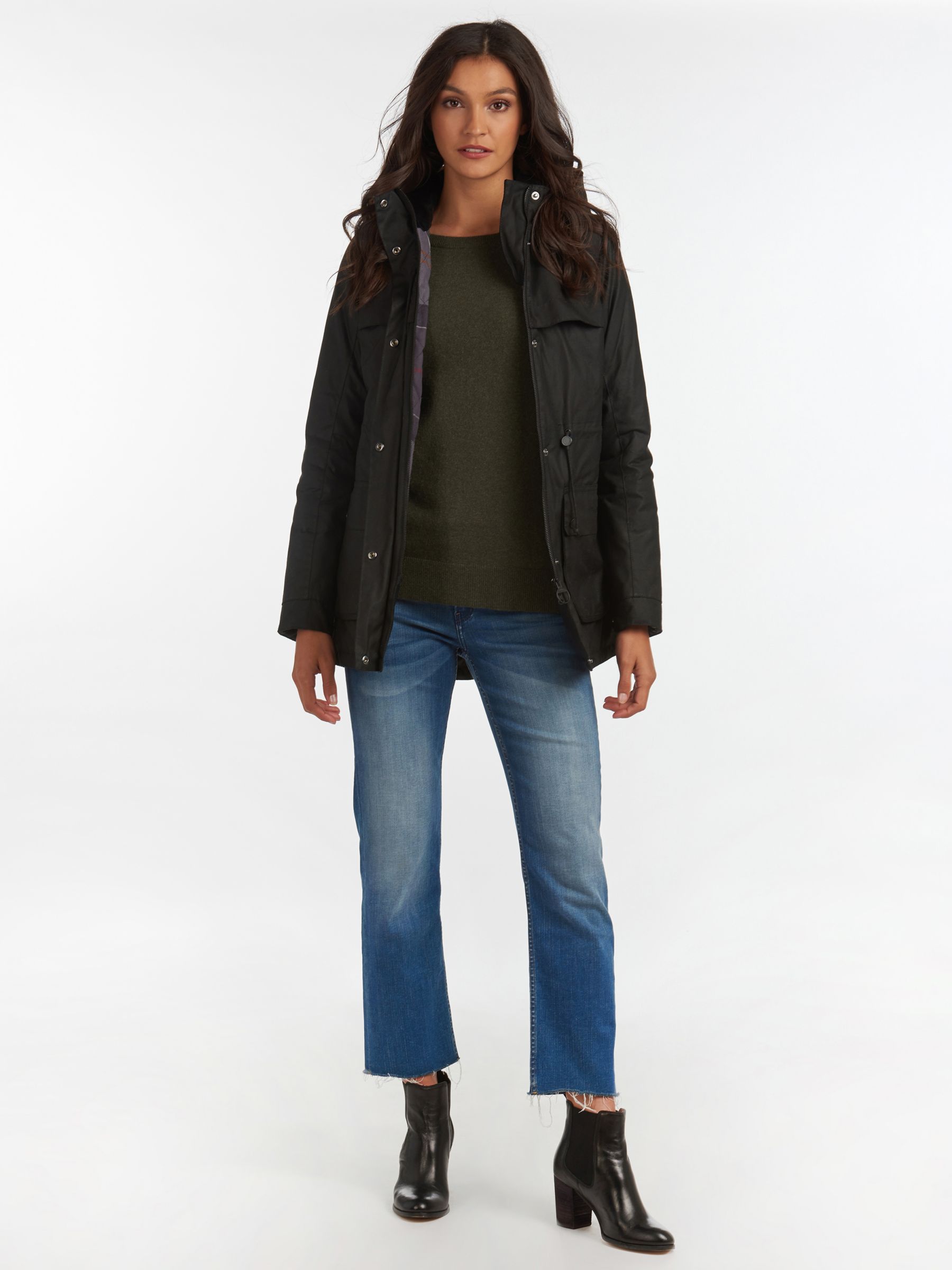 Barbour Cassley Waxed Jacket, Black at John Lewis & Partners