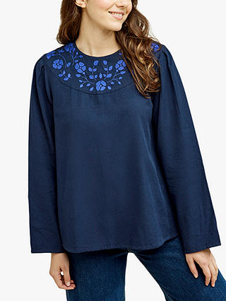People Tree Keva Floral Embroidered Top, Blue