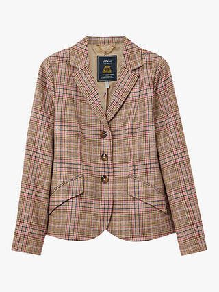 Joules Highcombe Wool Blend Check Tweed Jacket, Pink