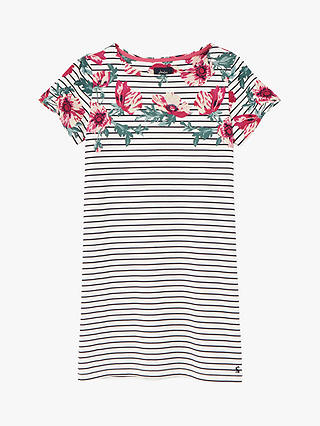 Joules Riviera Floral Print Striped Short Sleeve Jersey Dress, Cream/Navy
