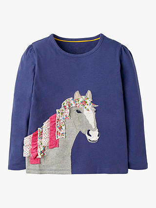 Mini Boden Girls' Ruffle Horse Applique T-Shirt, Dark Blue